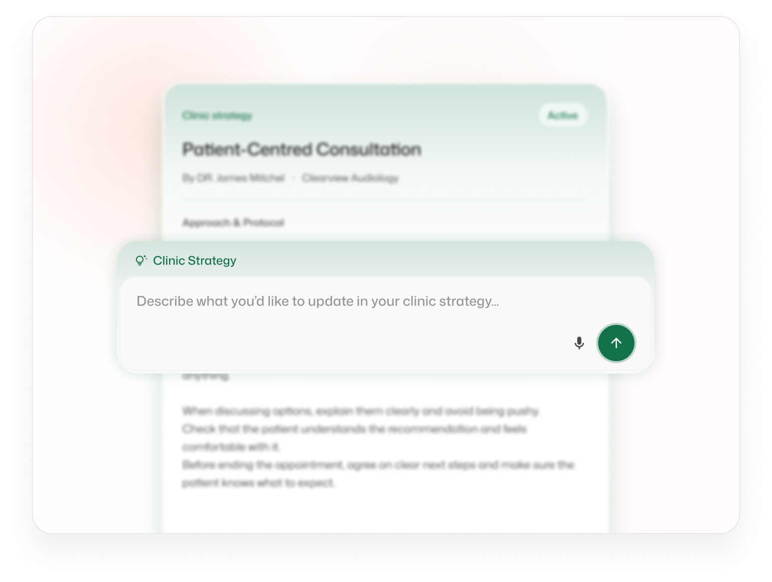 Clinic strategy document showing the Patient-Centred Consultation approach, with a composer to update it