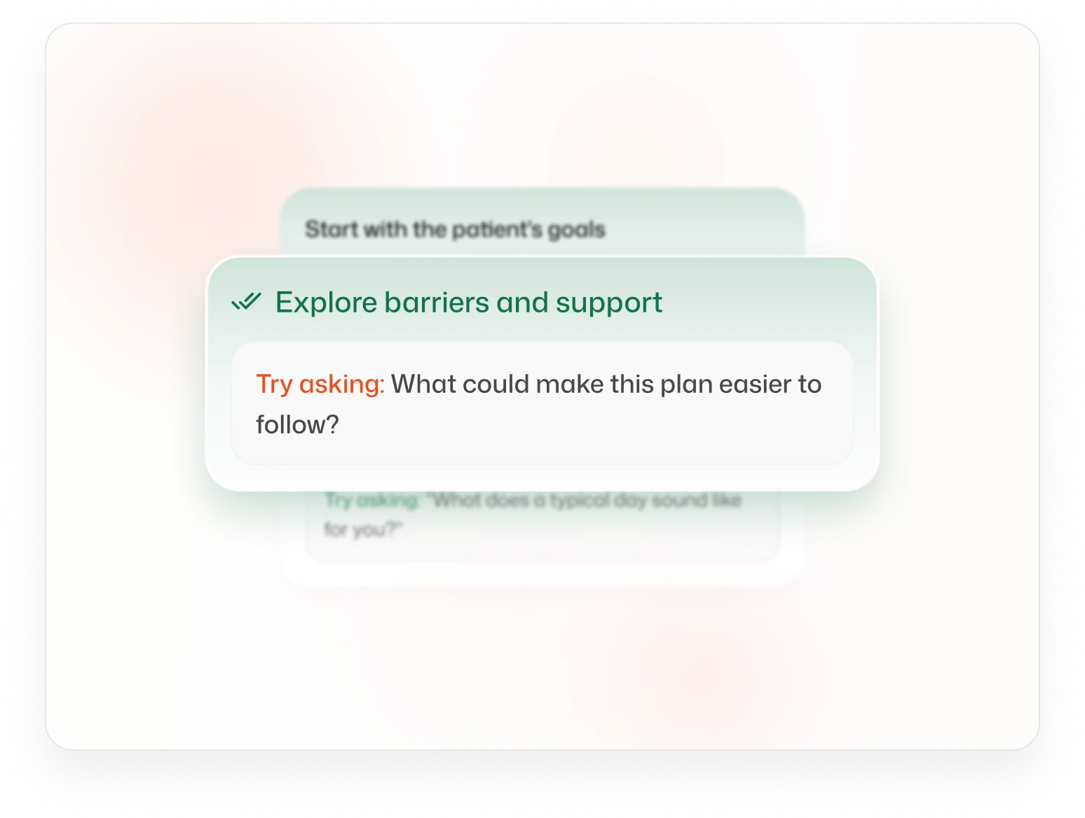 Session Guide cue cards: Start with the patient's goals, Discuss lifestyle and needs, and Explore barriers and support marked as covered