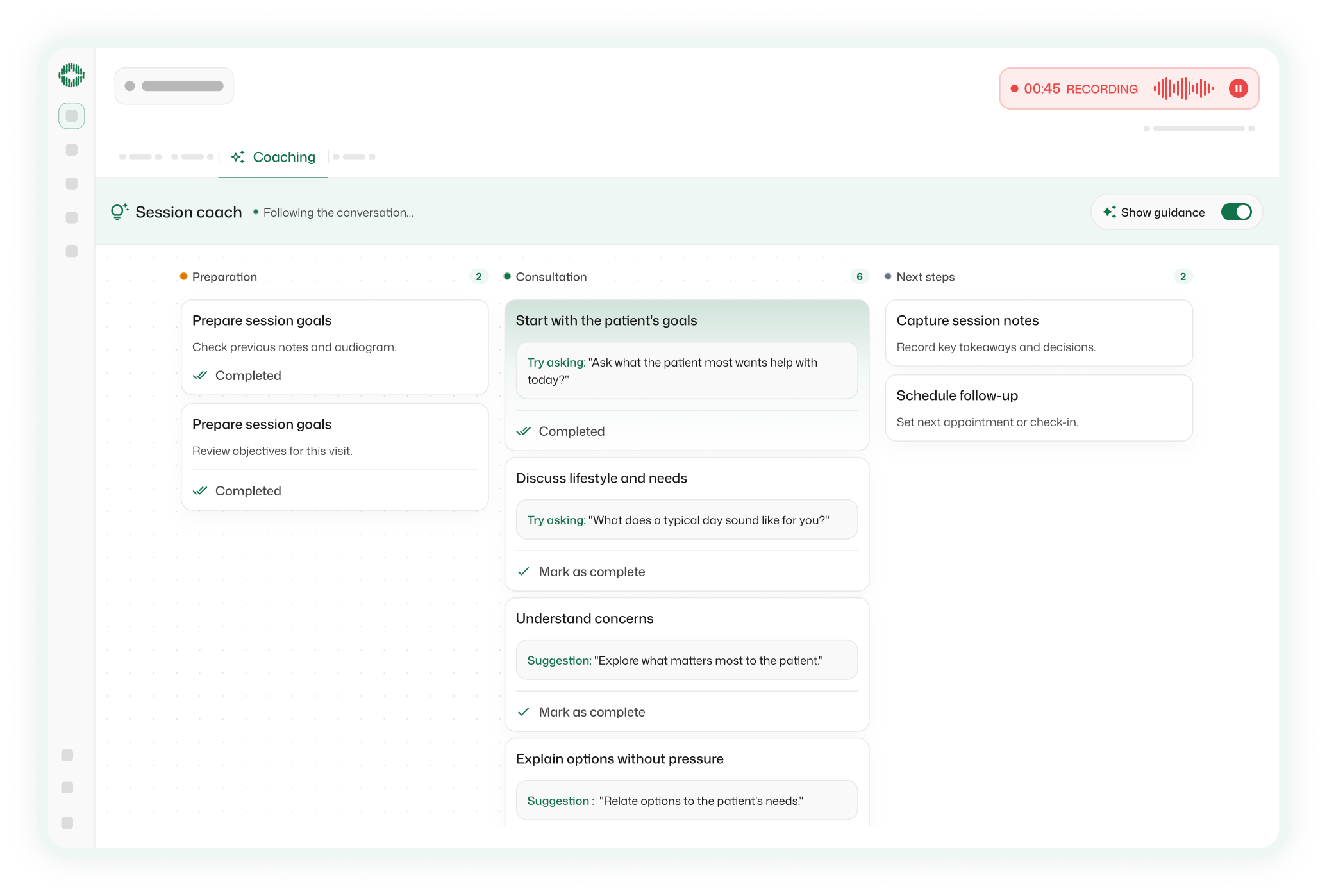Session coach board showing live guidance during an appointment, with several cues marked as completed