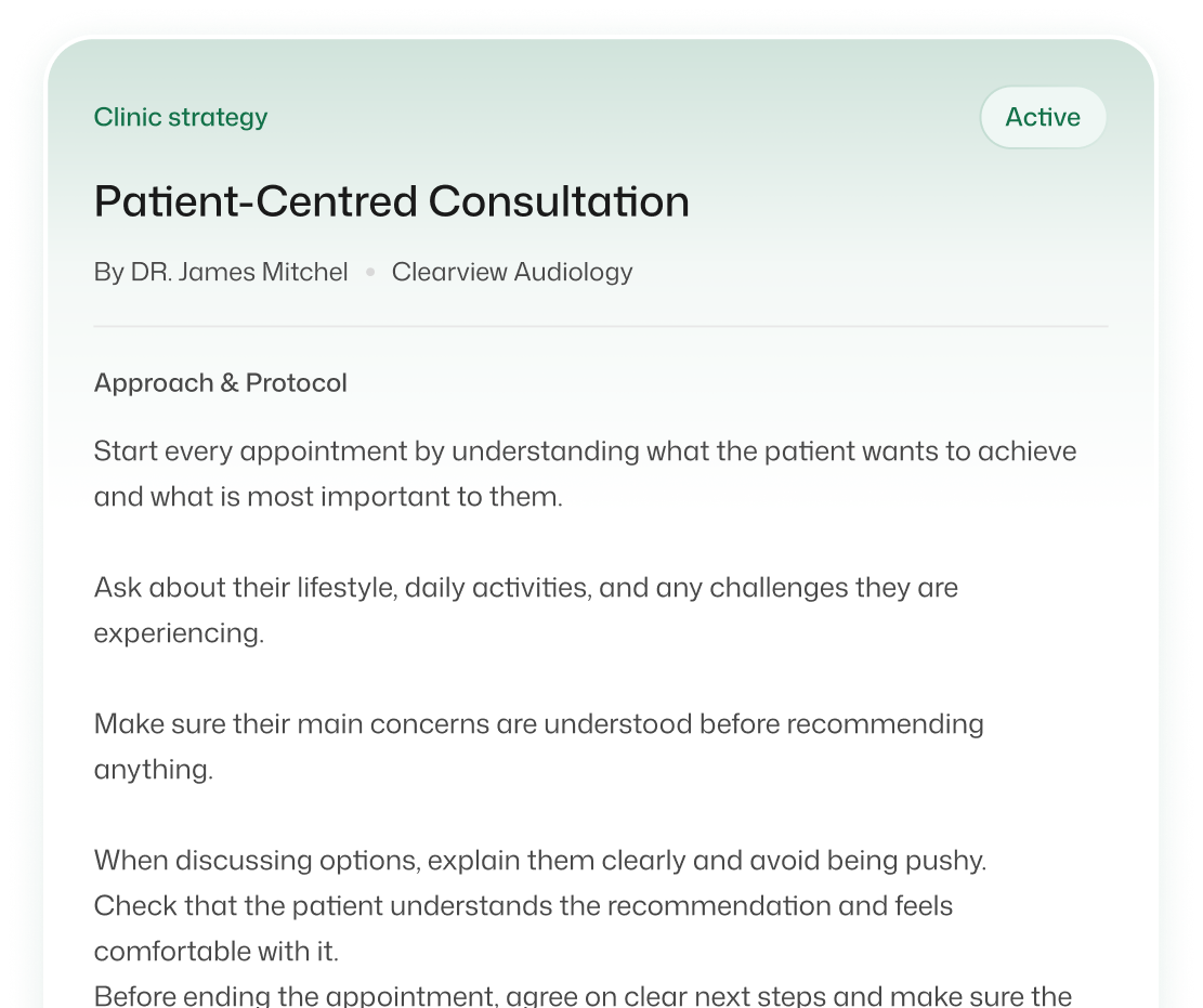 Clinic strategy document showing the Patient-Centred Consultation approach
